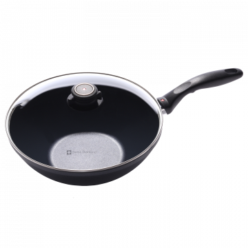 Сковорода-вок из алюминия со стеклянной крышкой 28 см, Черная Swiss Diamond XD Classic+