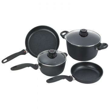 Набор алюминиевой посуды с алмазным покрытием из кастрюли и ковша с крышками и 2-х сковород, Черный Swiss Diamond XD Classic+