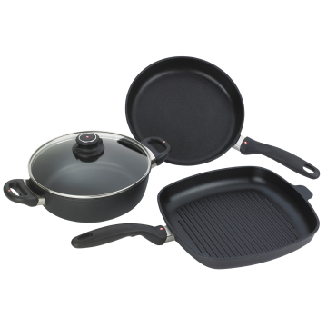 Набор алюминиевой посуды с алмазным покрытием из сотейника с крышкой, сковороды и сковороды-гриль, Черный Swiss Diamond XD Classic+Induction