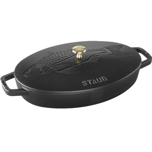 Сковорода овальная для рыбы Staub 33 см, с чугунной крышкой, черная